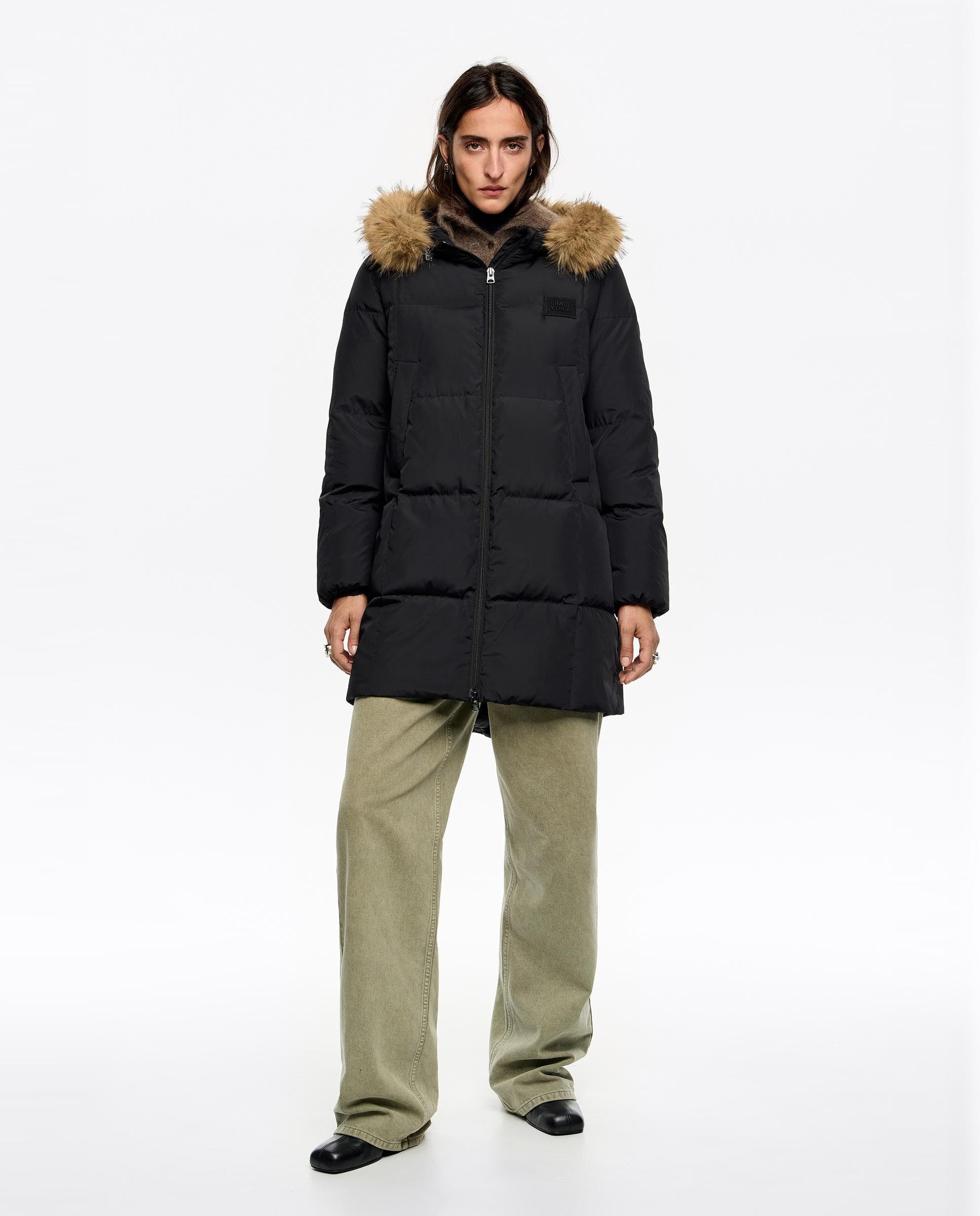 Plumífero de mujer de plumón recto capucha  pelo