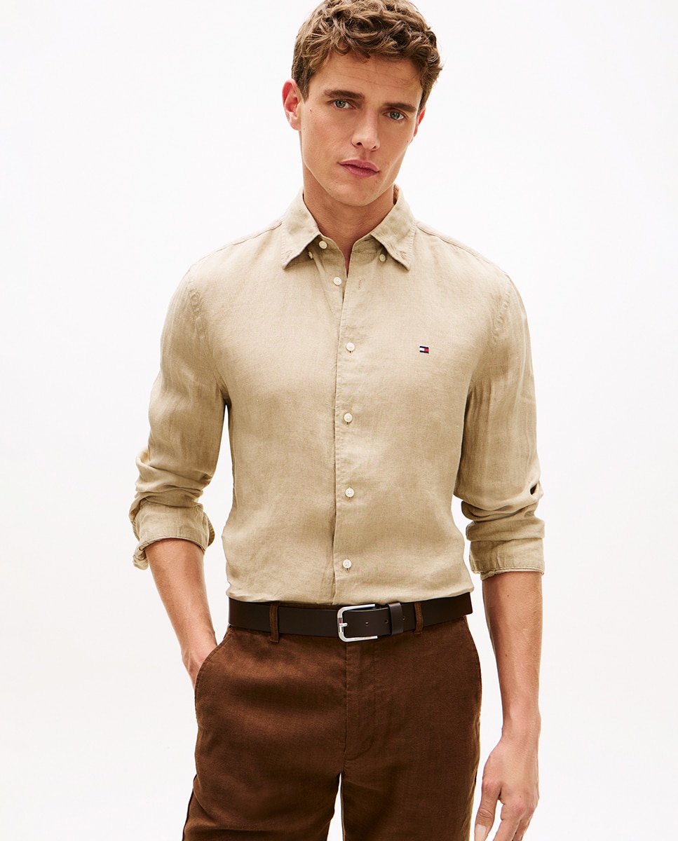 Tommy Hilfiger Camisa de caballero de manga larga lisa de lino