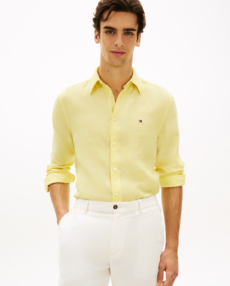 Tommy Hilfiger Camisa de caballero de manga larga lisa de lino
