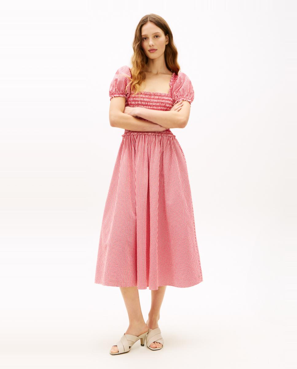 Tommy Hilfiger Vestido midi de cuadros con nido de abeja y mangas abullonadas