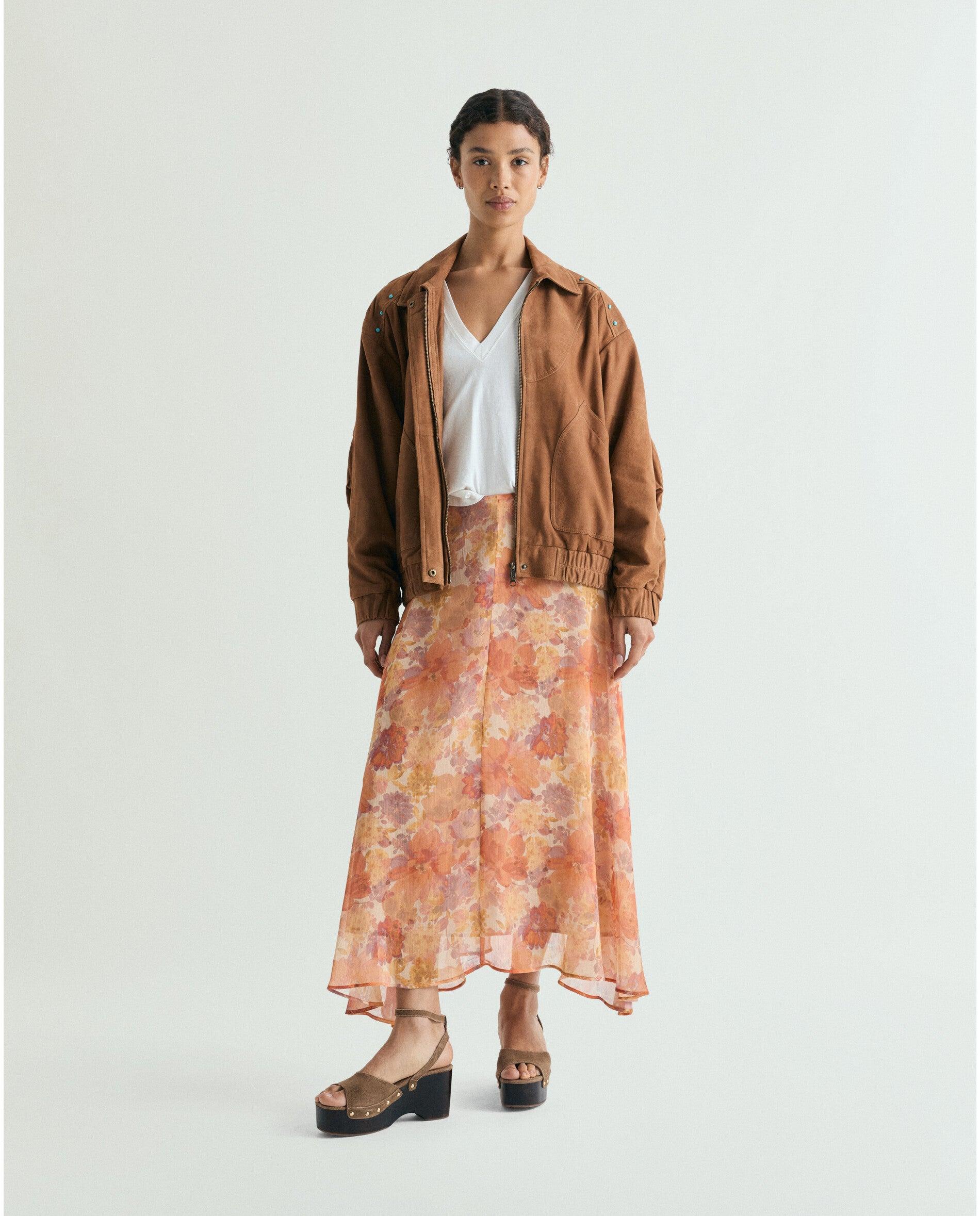 Falda midi estampada con cremallera invisible